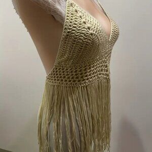 Beige Handmade Crochet Backless Halter Triangle Top With Fringes